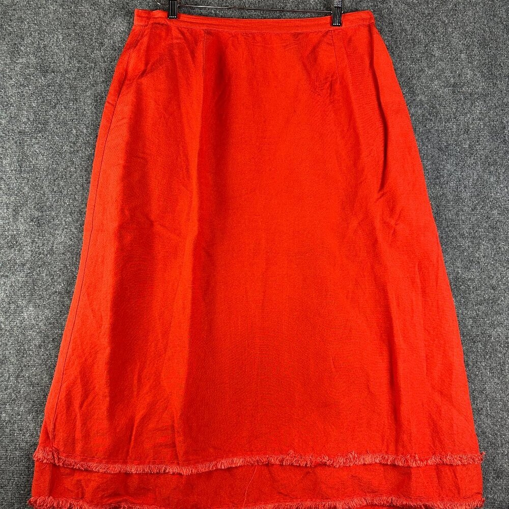 Ashley Stewart Skirt Womens 16W Red Orange Linen Maxi Back Zip Fringe Hem